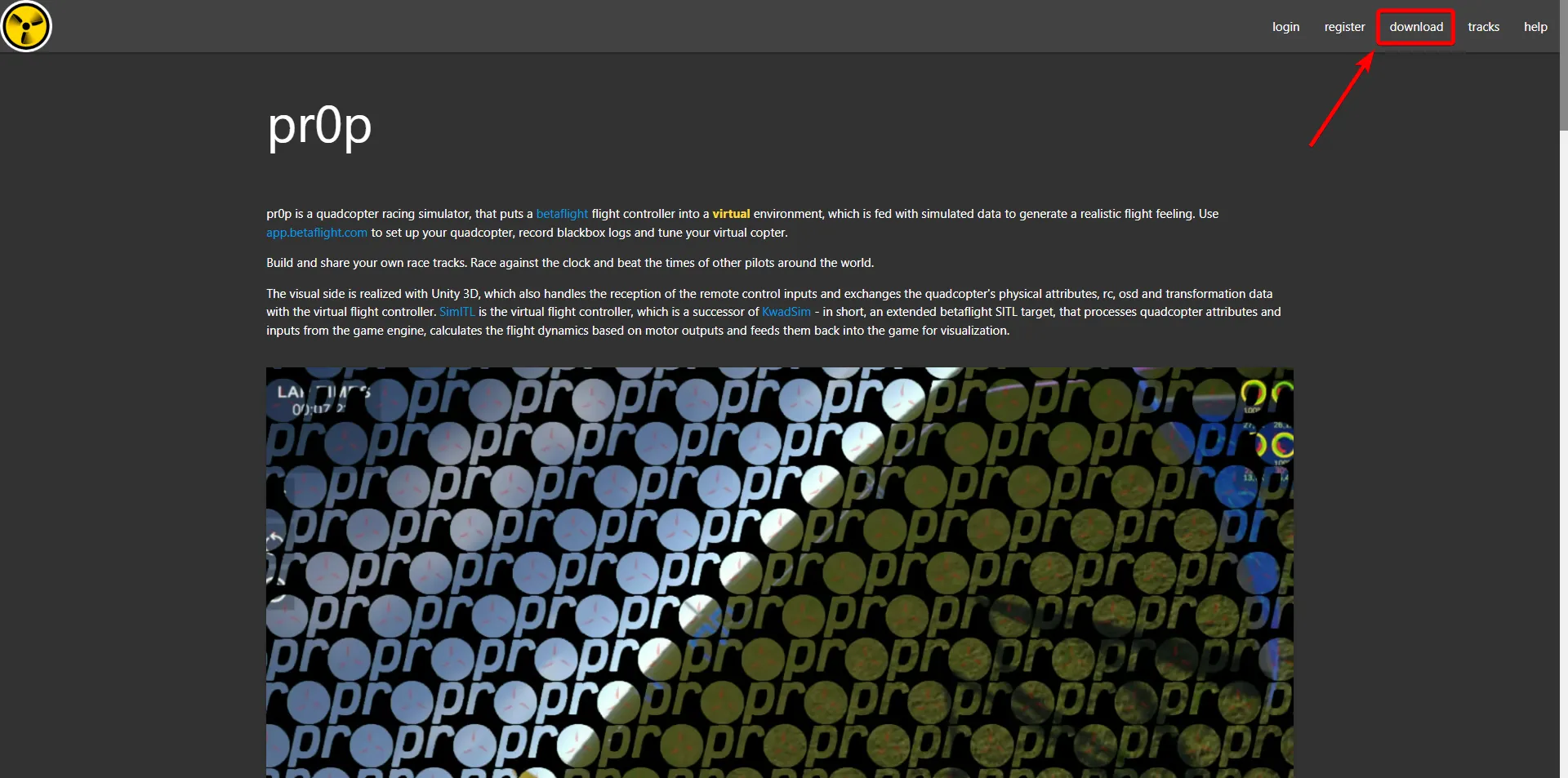 Скриншот сайта симулятора pr0p с указанным пунктом меню download