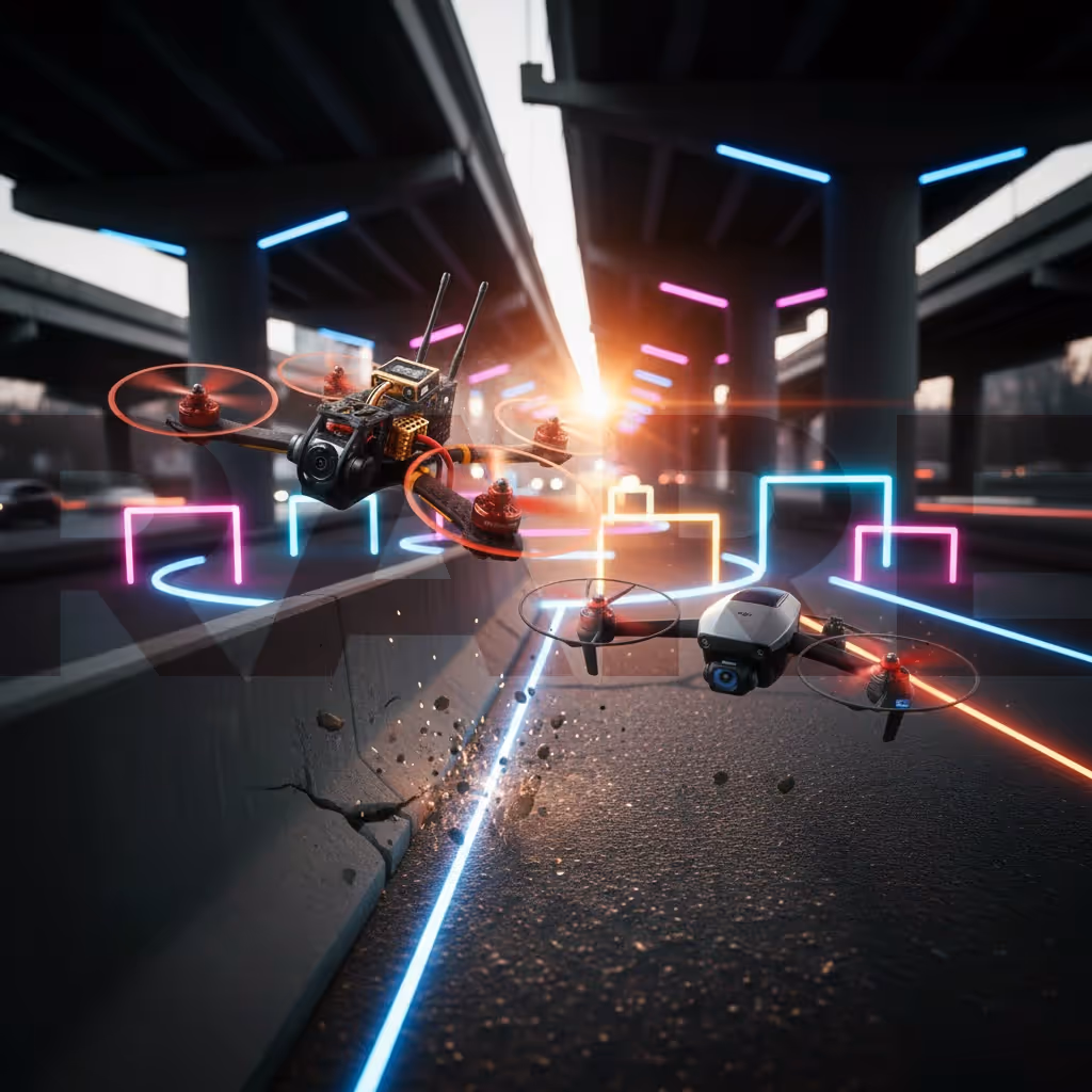 Сравнение FPV дрона и DJI под мостом