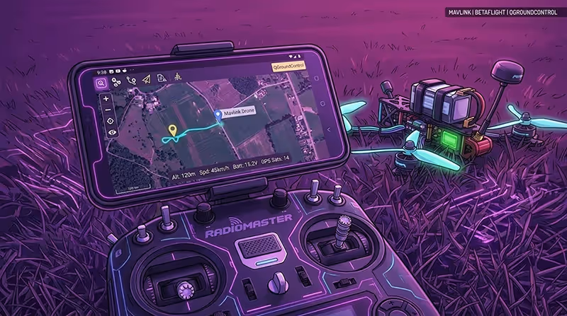Смартфон с открытым приложением mavlink на пульте radiomaster в полях с fpv 5 дюймов