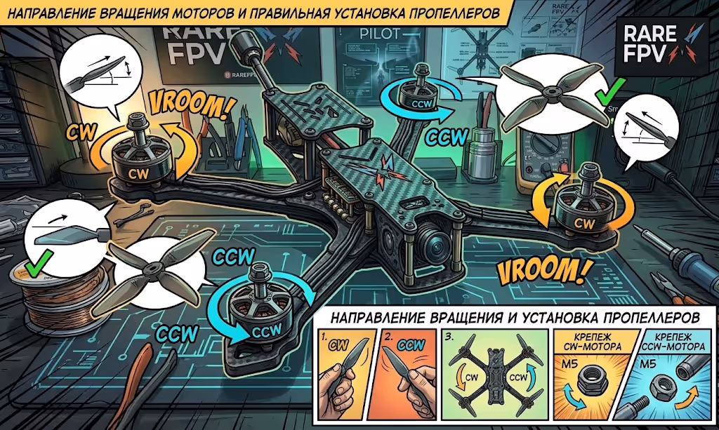 Схема вращения моторов и расположения пропеллеров